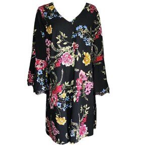 ROZ & ALI Black Floral Bell Sleeve V Neck Pullover Dress Womens Plus Size 2X